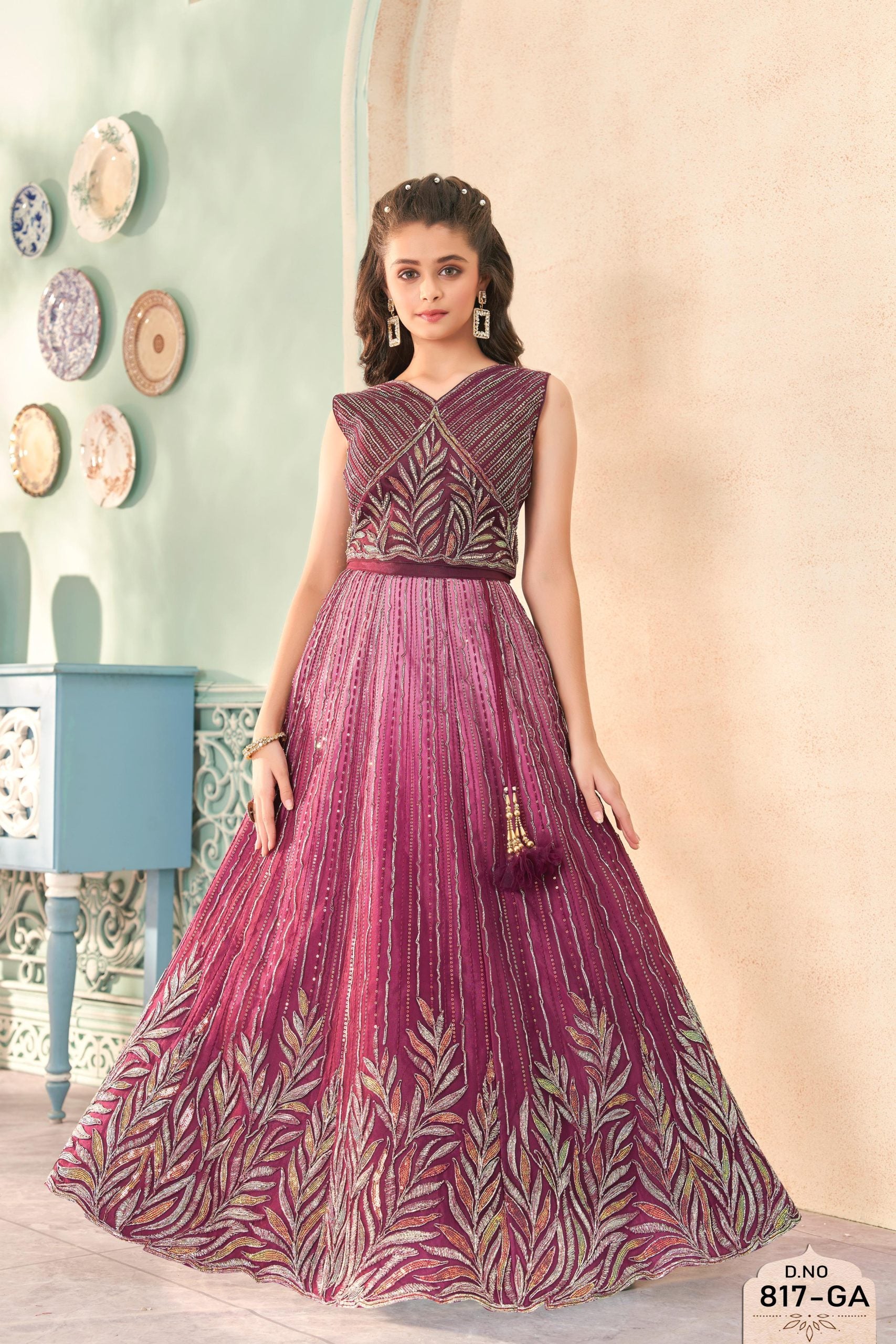 Plum Embroidered Sleeveless Gown with Leaf Motif for Girls - Inayah Fashion