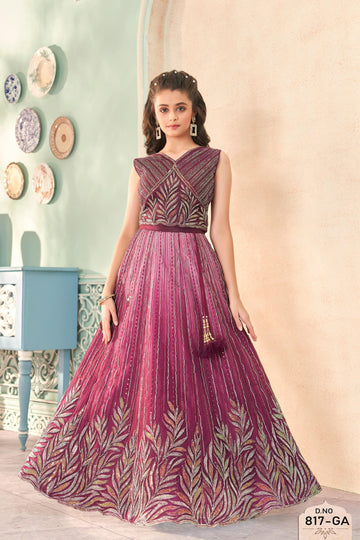 Plum Embroidered Sleeveless Gown with Leaf Motif for Girls - Inayah Fashion