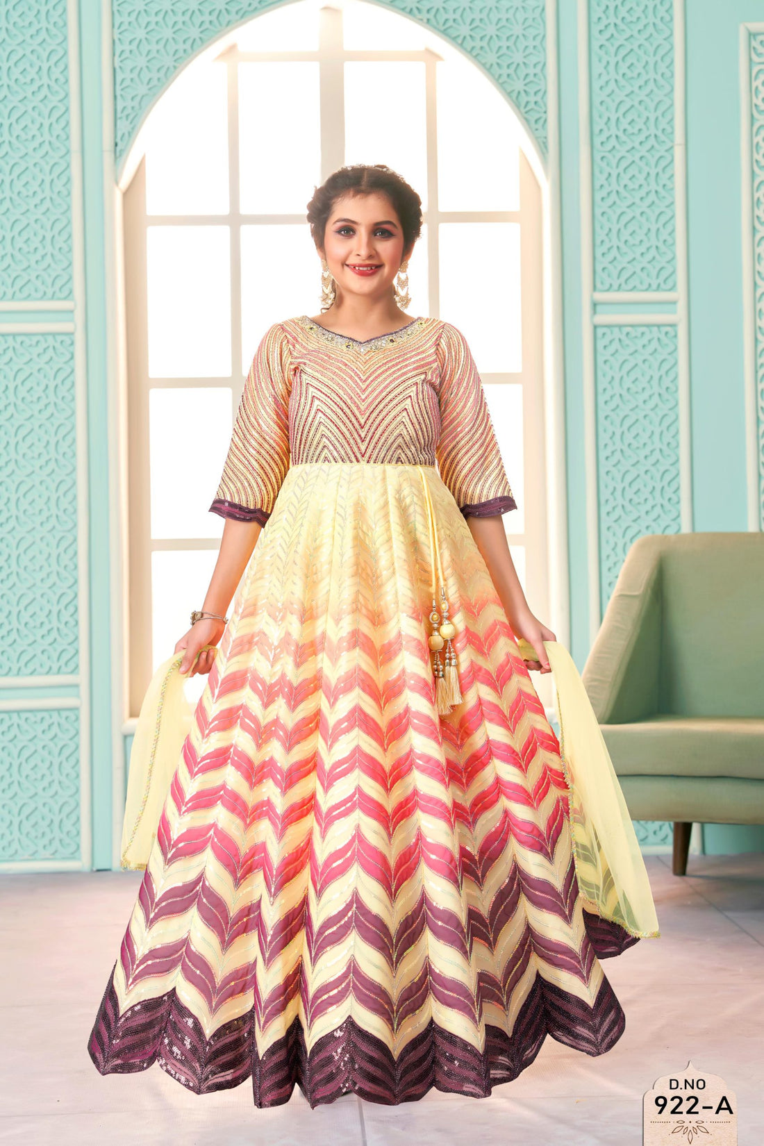 Elegant Multicolor Chevron Anarkali Gown for Girls - Inayah Fashion