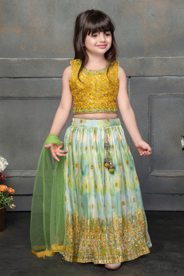Mustard Embroidered Choli & Mint Green Lehenga Set for Girls-Birthday Dresses for Girls