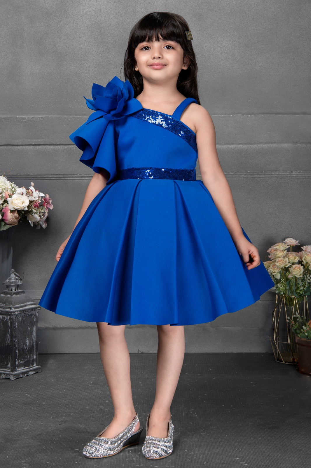 Royal Blue Glamour Dress with Floral Shoulder Accent - Inayah Fashion
