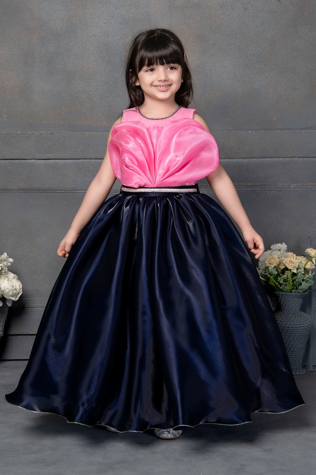 Blush Petal Girls' Designer Gown – Pink & Navy Blue Party Dress - Inayah Fashion