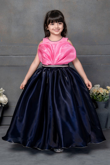 Blush Petal Girls' Designer Gown – Pink & Navy Blue Party Dress - Inayah Fashion