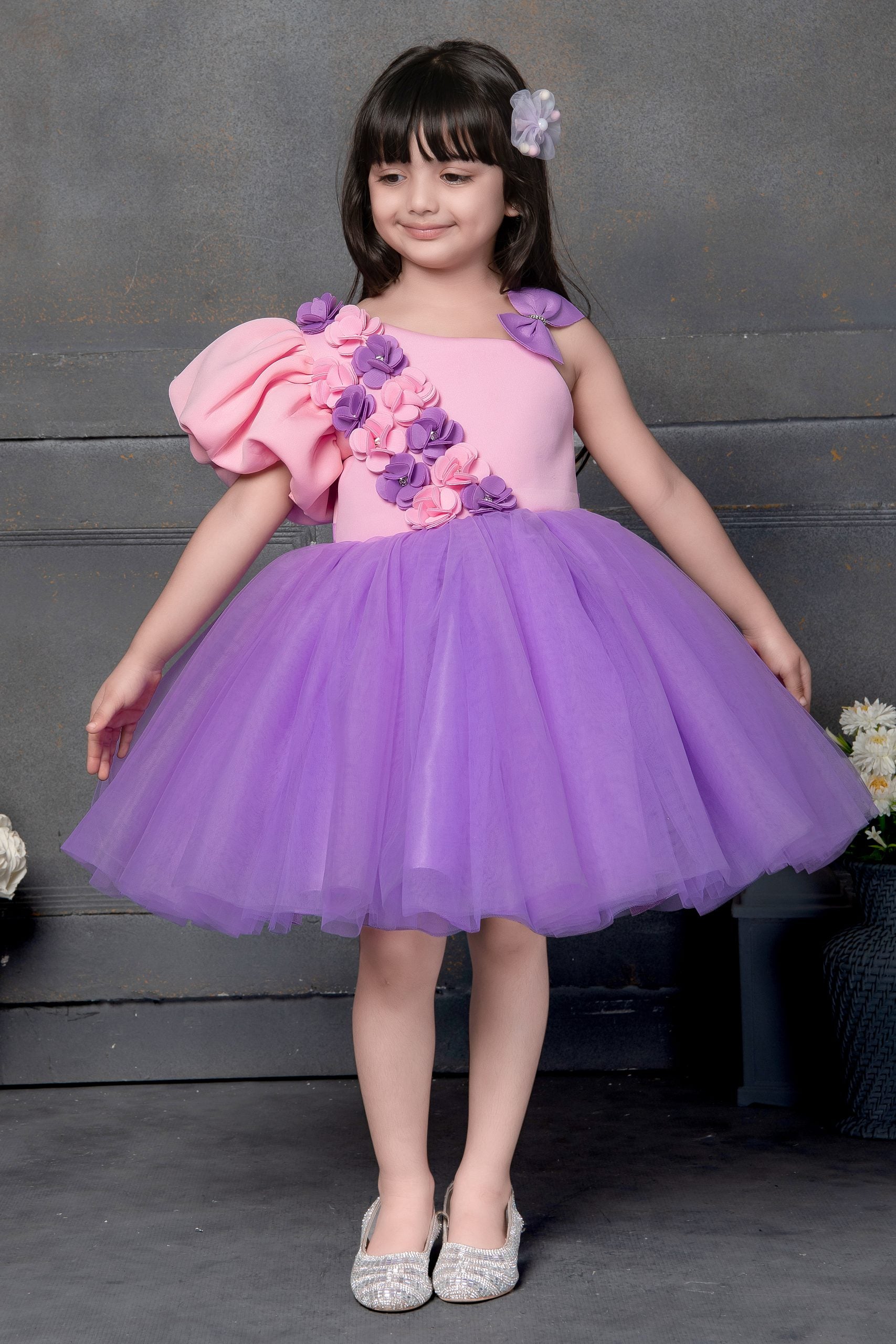 Pink & Purple One-Shoulder Tulle Party Dress for Girls with Puffy Sleeve & 3D Floral Embellishments Dress - Inayah Fashion
