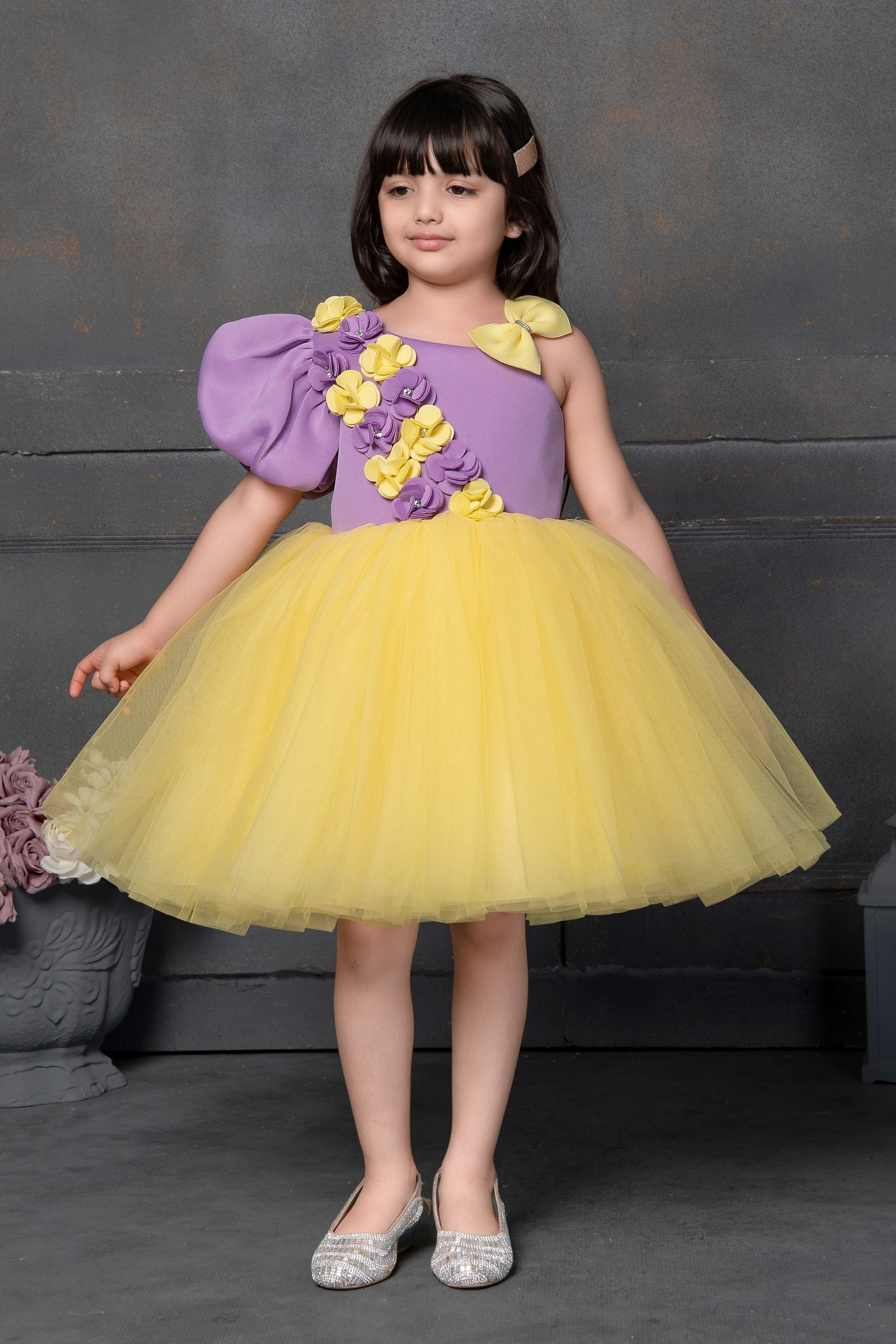 Vibrant Yellow & Lavender One-Shoulder Frock for Girls – Puffy Tulle Dress - Inayah Fashion