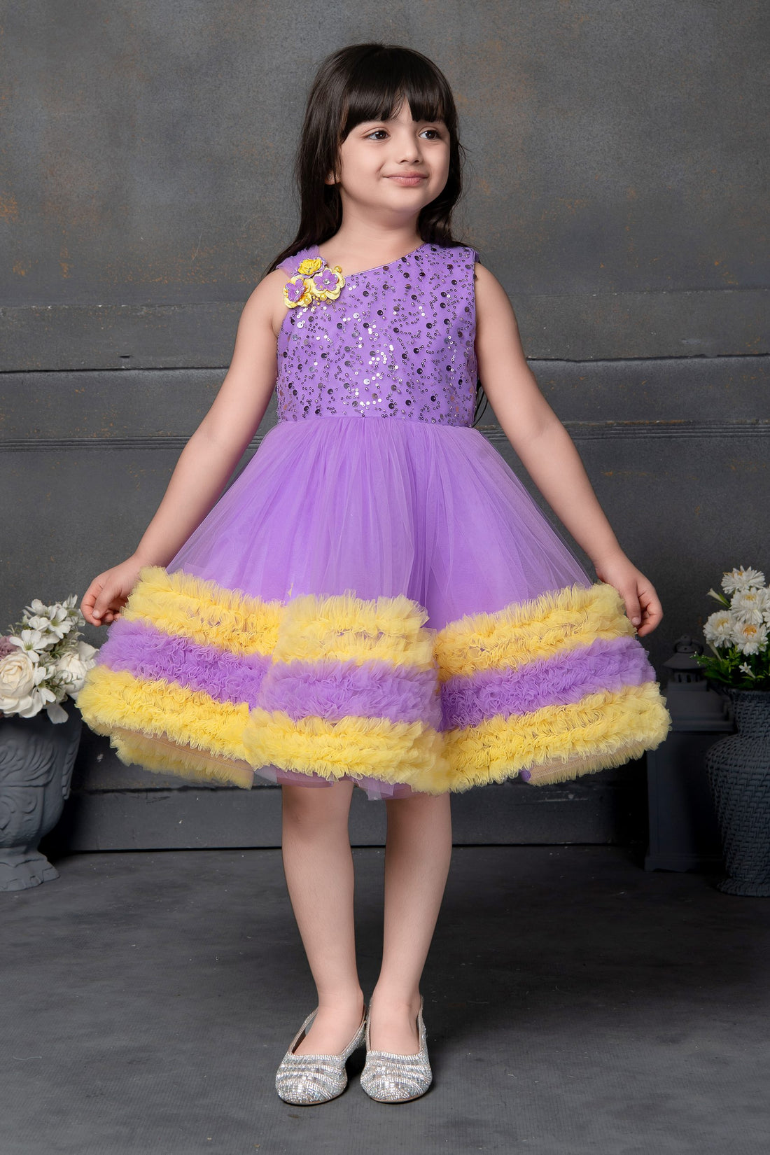 Lavender & Yellow Party Frock for Girls – One-Shoulder Glitter Sequin Top with Ruffle Tulle Dress - Inayah Fashion