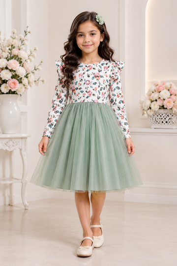 Girls Floral Print Green Tulle Dress – Long Sleeve Casual Party Dress with Puff Shoulders