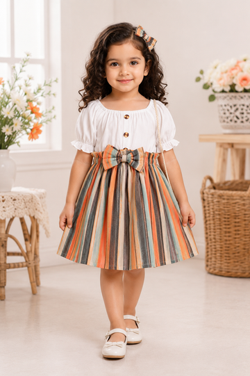 Girls’ Striped Skirt Dress with Puff Sleeves and Bow
