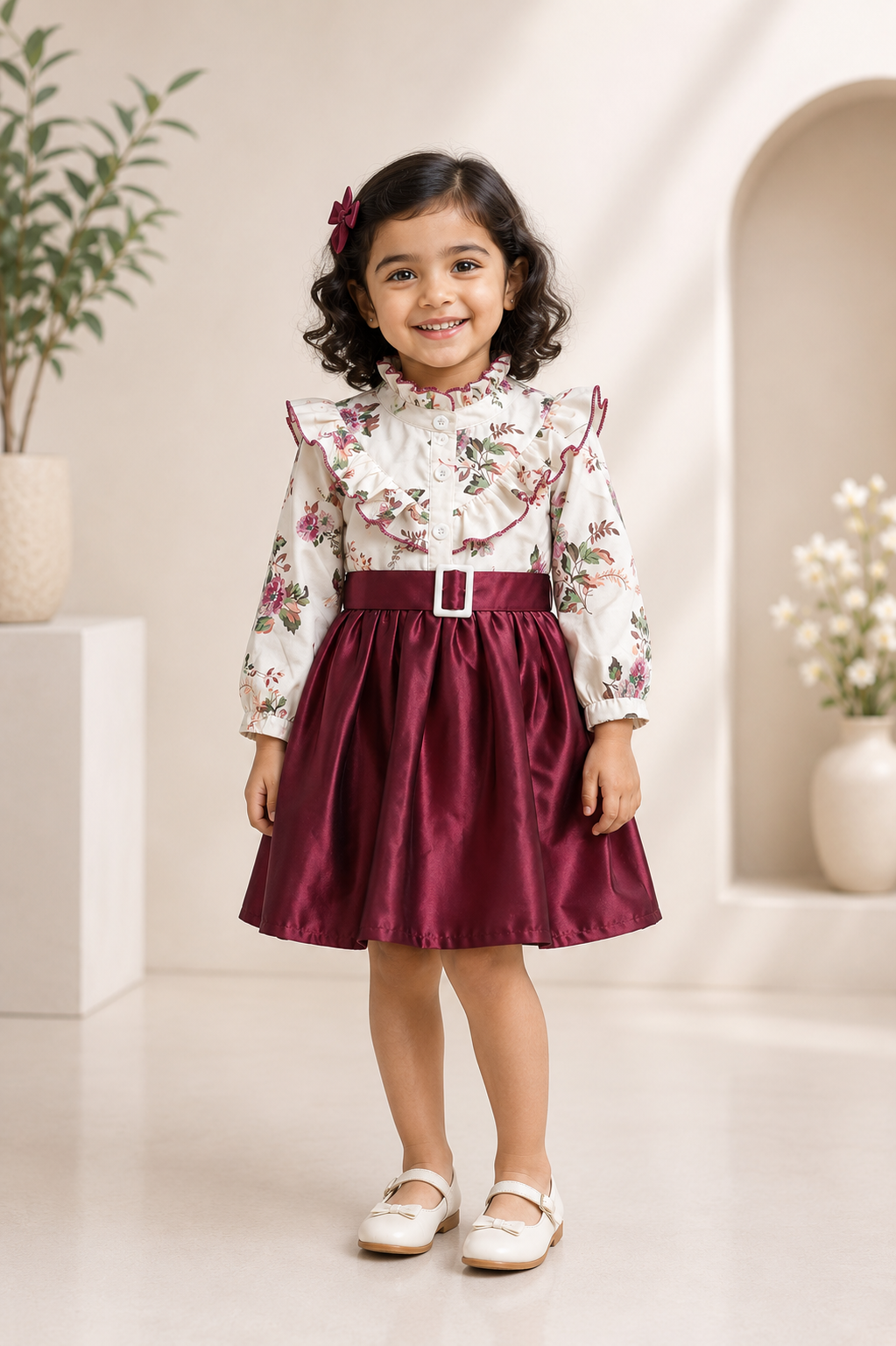 Wine red and cream floral ruffle-top belted dress for girls