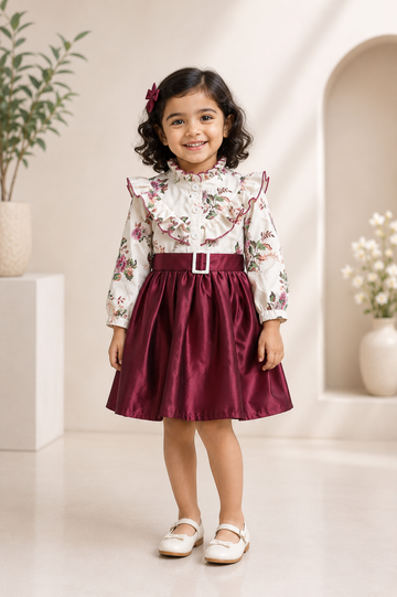 Wine red and cream floral ruffle-top belted dress for girls