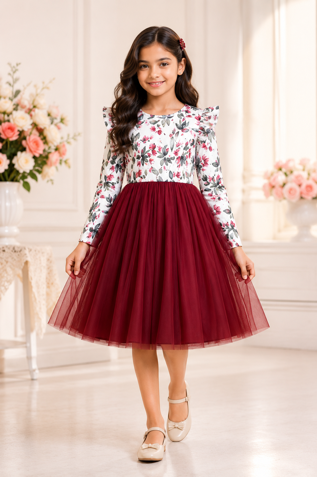 White floral top with burgundy tulle skirt dress for girls