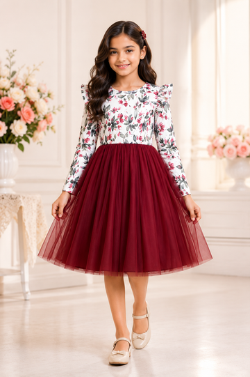 White floral top with burgundy tulle skirt dress for girls