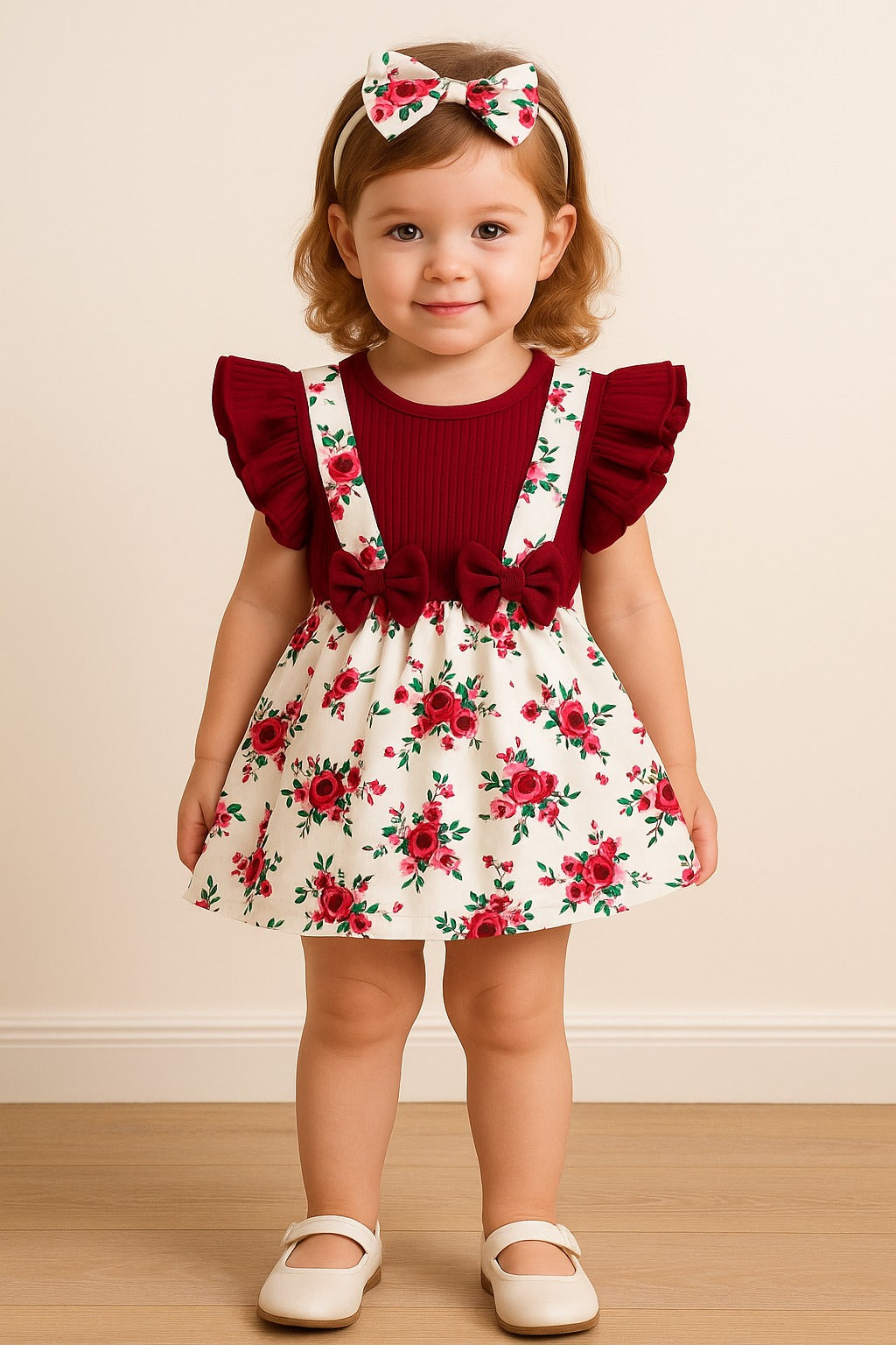 Adorable Burgundy Ruffle Top and Floral Suspender Skirt Set with Matching Headband - Inayah Fashion