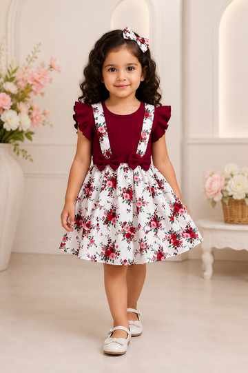 Adorable Burgundy Ruffle Top and Floral Suspender Skirt Set with Matching Headband