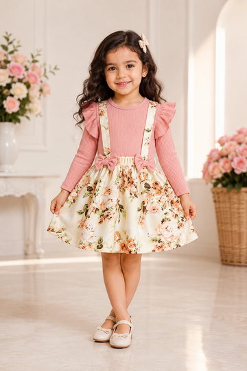 Adorable Pink Ruffle Top and Floral Suspender Skirt Set for Girls