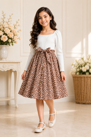Girls floral button-down dress with white ribbed top and square neckline