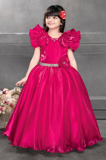 Luxury Hot Pink Ball Gown for Girls – Satin Ruffle Sleeves with Flared Skirt & Embellished Waist – Princess Party Dress - Inayah Fashion