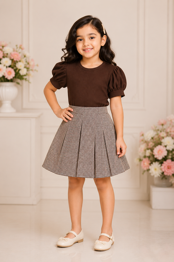Elegant Frock Puff Sleeve Classic- Cocoa Pleated Dress for Girls