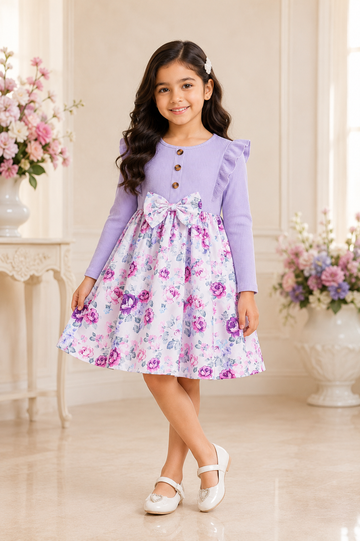 Lavender ribbed top with floral skirt and bow for girls