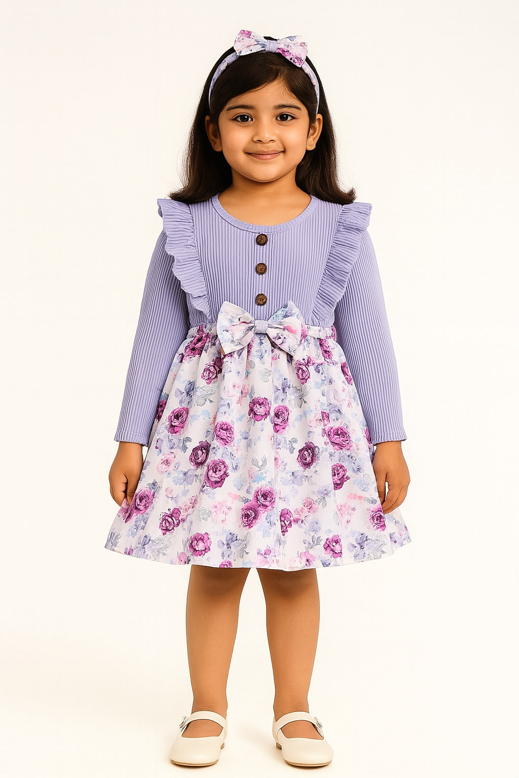 Lilac Ribbed Floral Princess Dress with Bow – Winter Casual Wear for Girls - Inayah Fashion