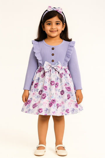 Lilac Ribbed Floral Princess Dress with Bow – Winter Casual Wear for Girls - Inayah Fashion
