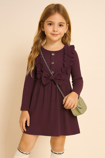 Girls Ribbed Cotton Purple Dress – Long Sleeve Casual Dress with Ruffles & Bow