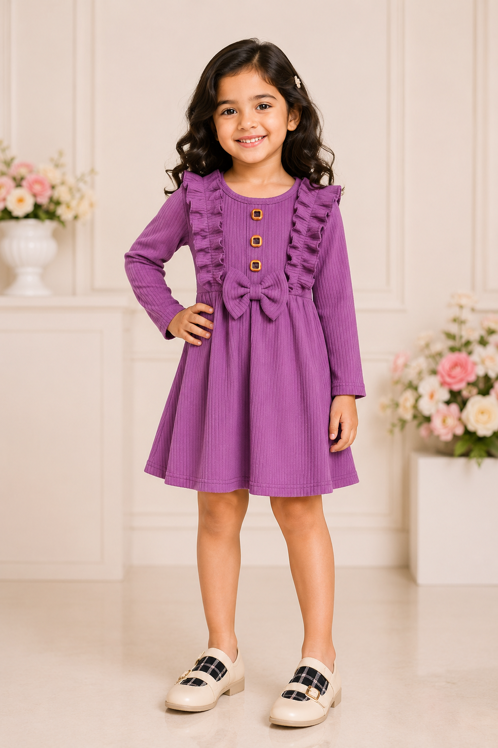 Purple ribbed frock for girls with frill sleeves and front bow