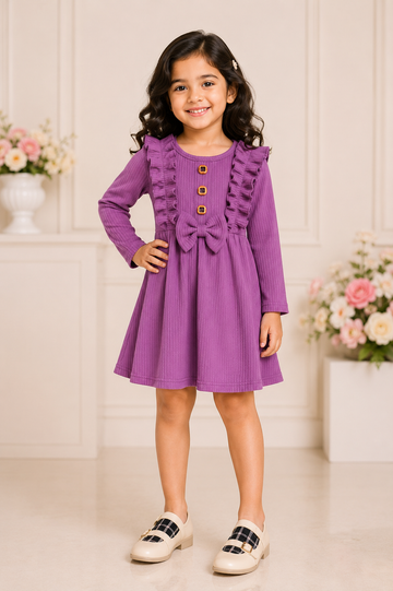 Purple ribbed frock for girls with frill sleeves and front bow