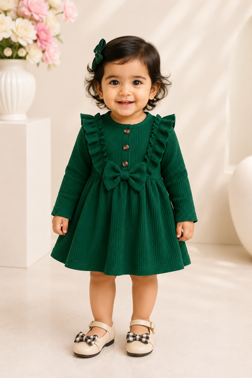 Stylish Green Ribbed Frock for Baby Girls – Long Sleeve Dress with Ruffles & Bow