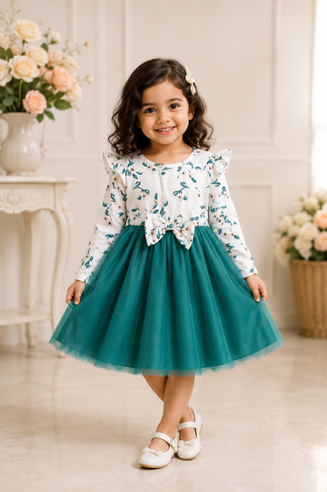 White floral frill top with green tulle skirt dress for girls