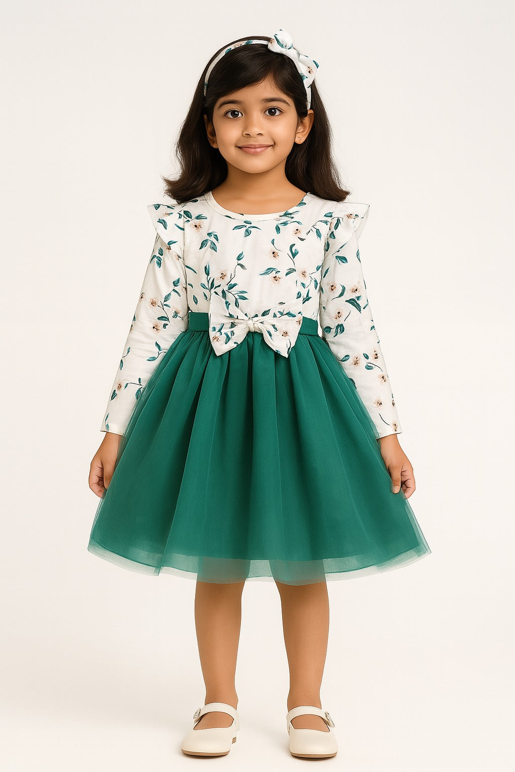 Floral Frill Top and Tulle Skirt Dress for Girls – Green Party Dress - Inayah Fashion