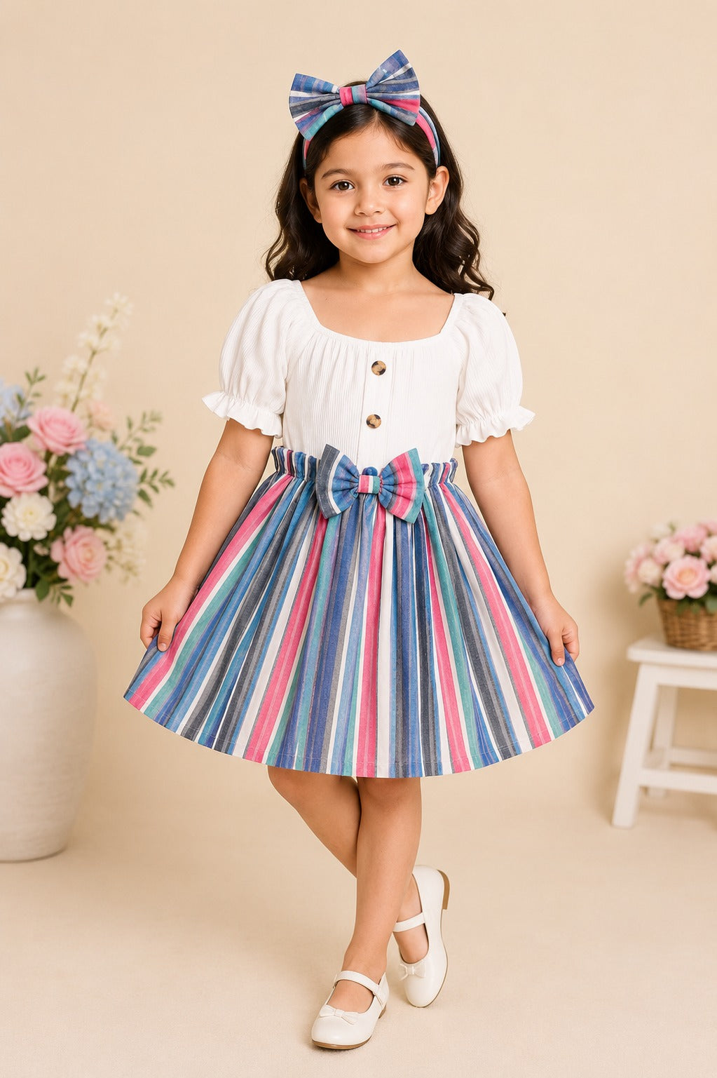Colorful striped skirt frock for girls with white puff-sleeve top and bow