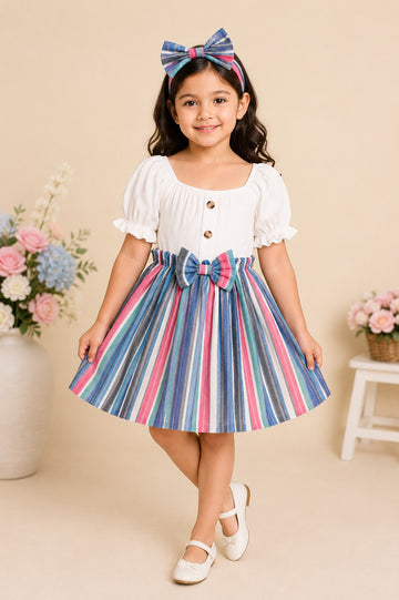 Colorful striped skirt frock for girls with white puff-sleeve top and bow