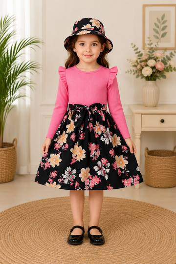 Pink & Black Floral Print Dress for Girls with Long Sleeves