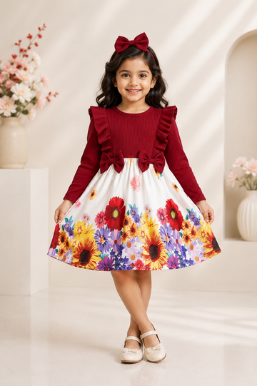 Red Ruffle Long-Sleeve Dress with Floral and Bow Headband for Girls