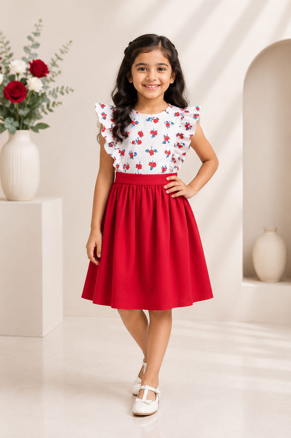 Red and white floral sleeveless ruffle-shoulder dress for girls with wine red skirt