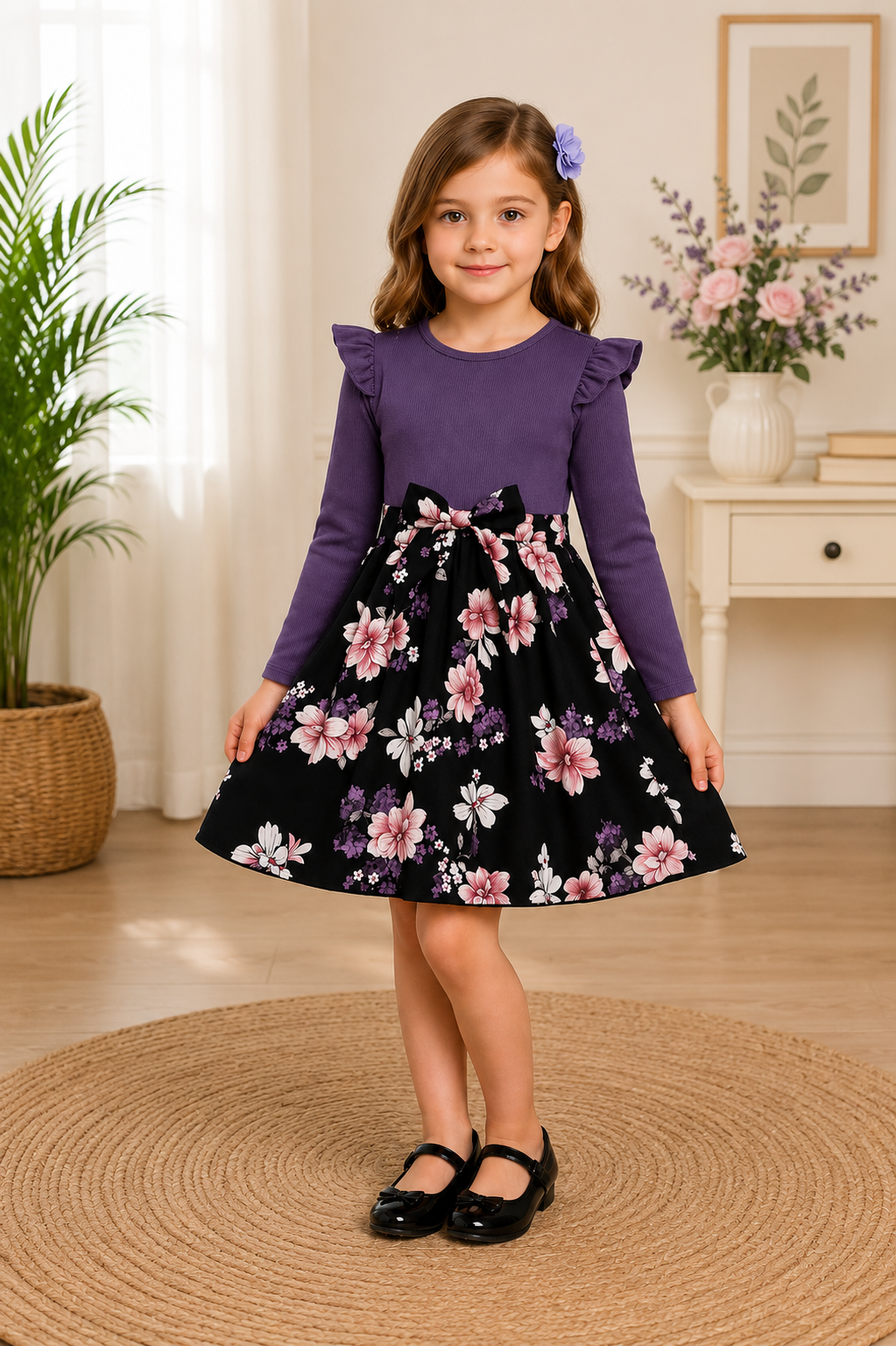 Purple ribbed top with black floral skirt dress for girls and bow belt