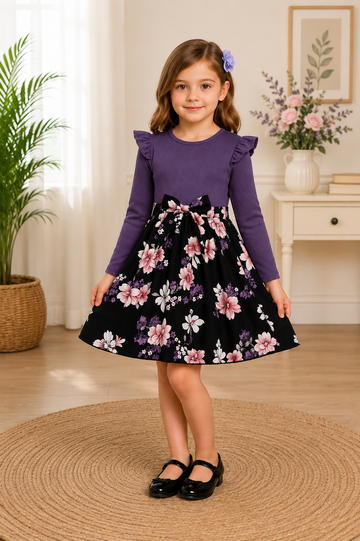 Purple ribbed top with black floral skirt dress for girls and bow belt