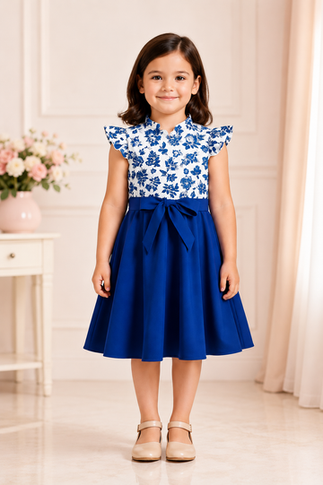 Girls blue floral print top and solid flare skirt summer dress