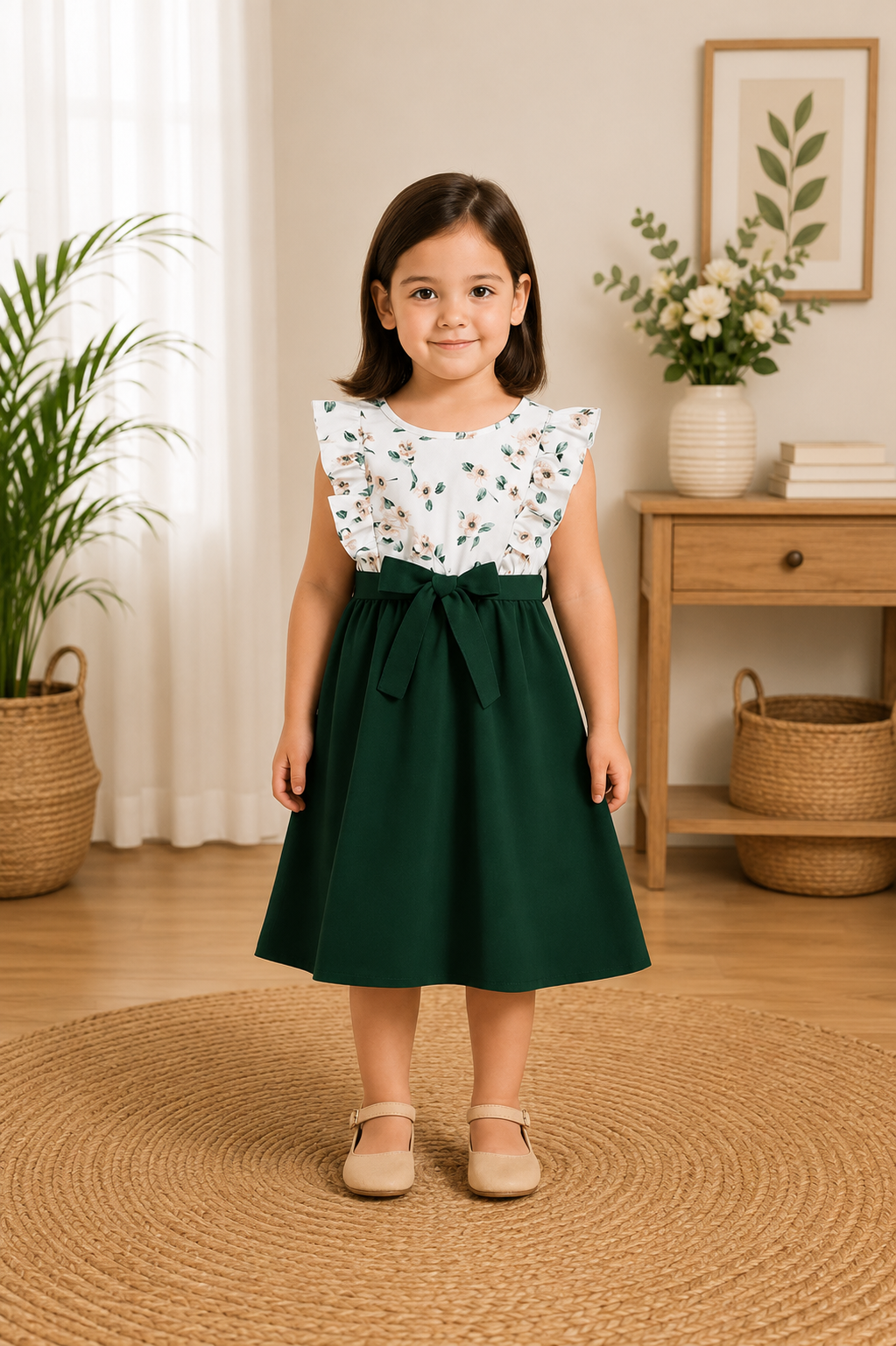 Green and white floral print sleeveless ruffle-shoulder dress for girls
