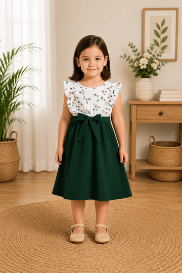 Green and white floral print sleeveless ruffle-shoulder dress for girls