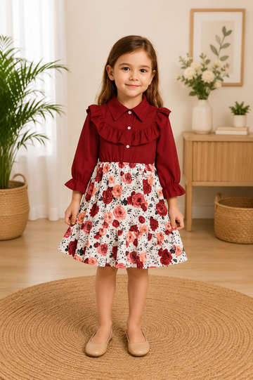 Chic Maroon & White Floral Baby Girl Dress – Full Sleeve Shirt Collar Frock with Button