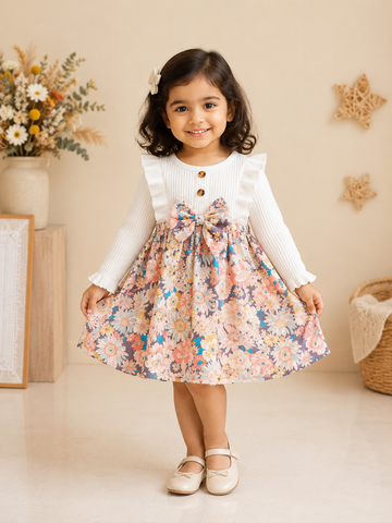 Floral Fantasy Baby Girl Dress – White Ribbed Long Sleeve Top with Frill Detail & Multicolor Dress