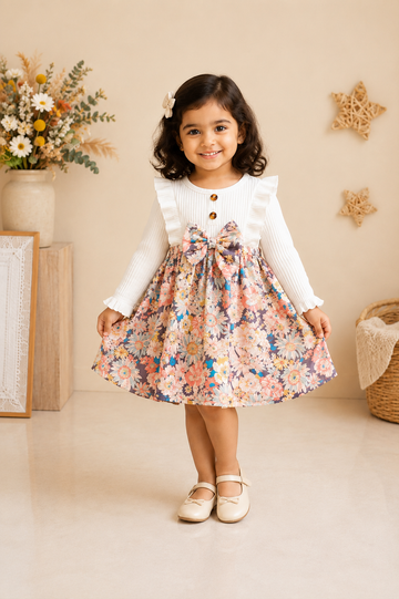 Floral Fantasy Baby Girl Dress – White Ribbed Long Sleeve Top with Frill Detail & Multicolor Dress