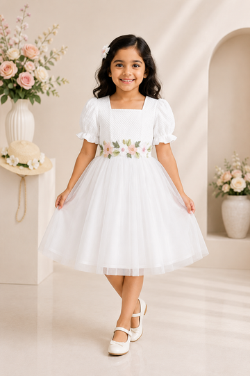 WElegant White Tulle Party Dress for Girls – Puff Sleeve Smocked Bodice with Floral Embroidery