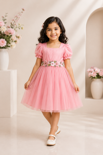 Elegant Pink Puff Sleeve Tulle Dress for Girls – Floral Embroidered Waist, Smocked Bodice Dress