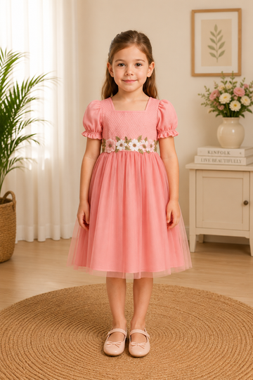Elegant Pink Puff Sleeve Tulle Dress for Girls – Floral Embroidered Waist, Smocked Bodice Dress
