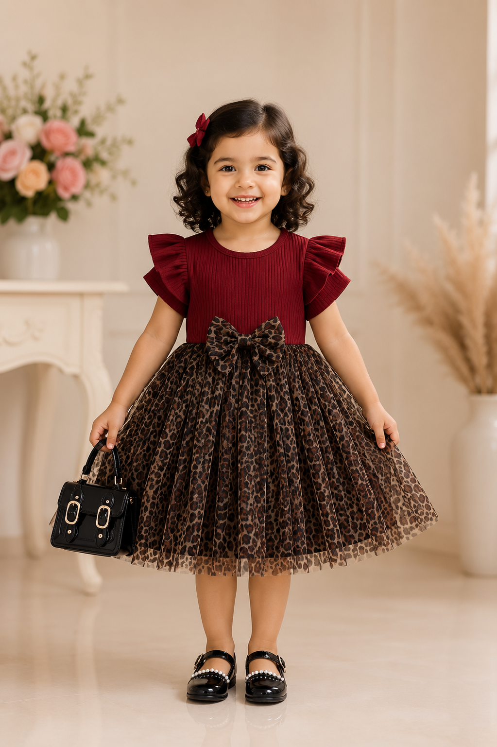 Maroon ruffle-sleeve top with leopard print tulle skirt dress for baby girls