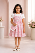 Pink tulip print frock for girls with white puff sleeves and heart sling bag