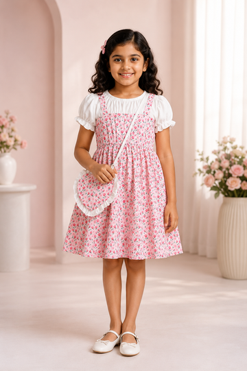 Pink tulip print frock for girls with white puff sleeves and heart sling bag